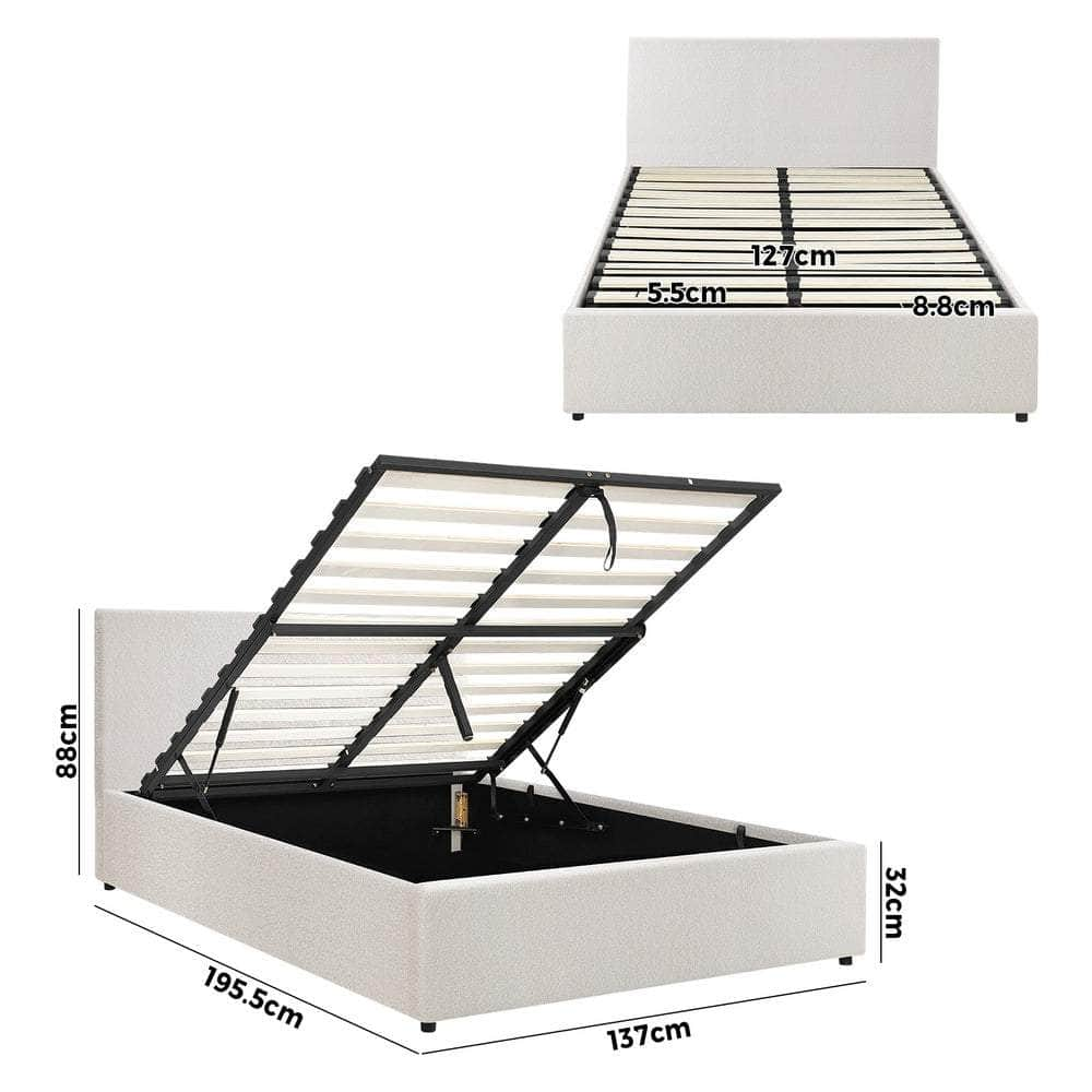 Queen/King/Single/Double Bed Frame Gas Lift Storage Base White Boucle