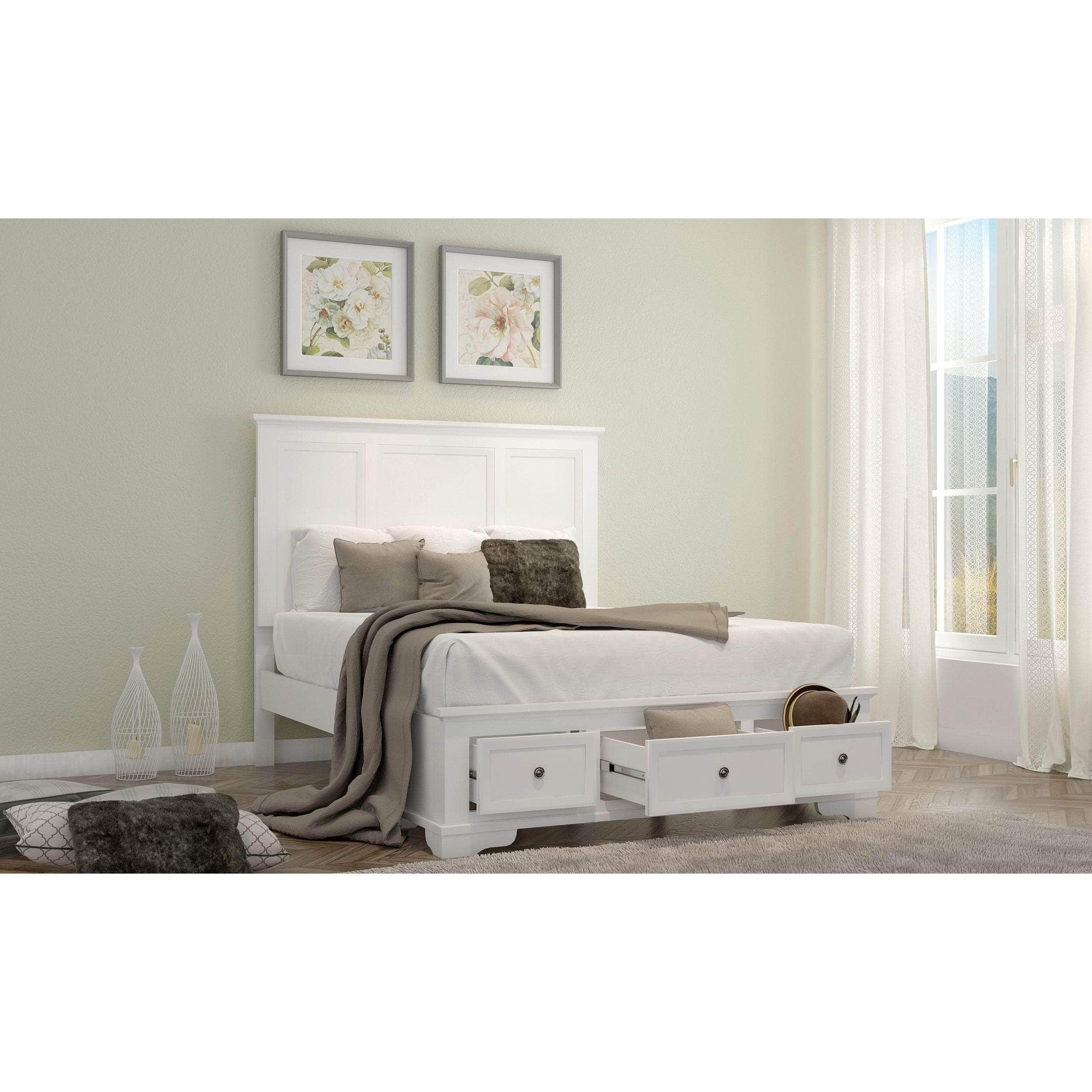 Queen Size Bed Frame Timber Mattress Base With Storage Drawers - White