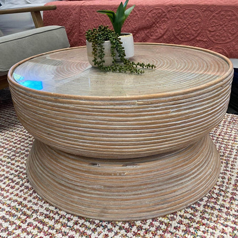 Rattan Round Coffee Table 80Cm With Glass Top - Whitewash