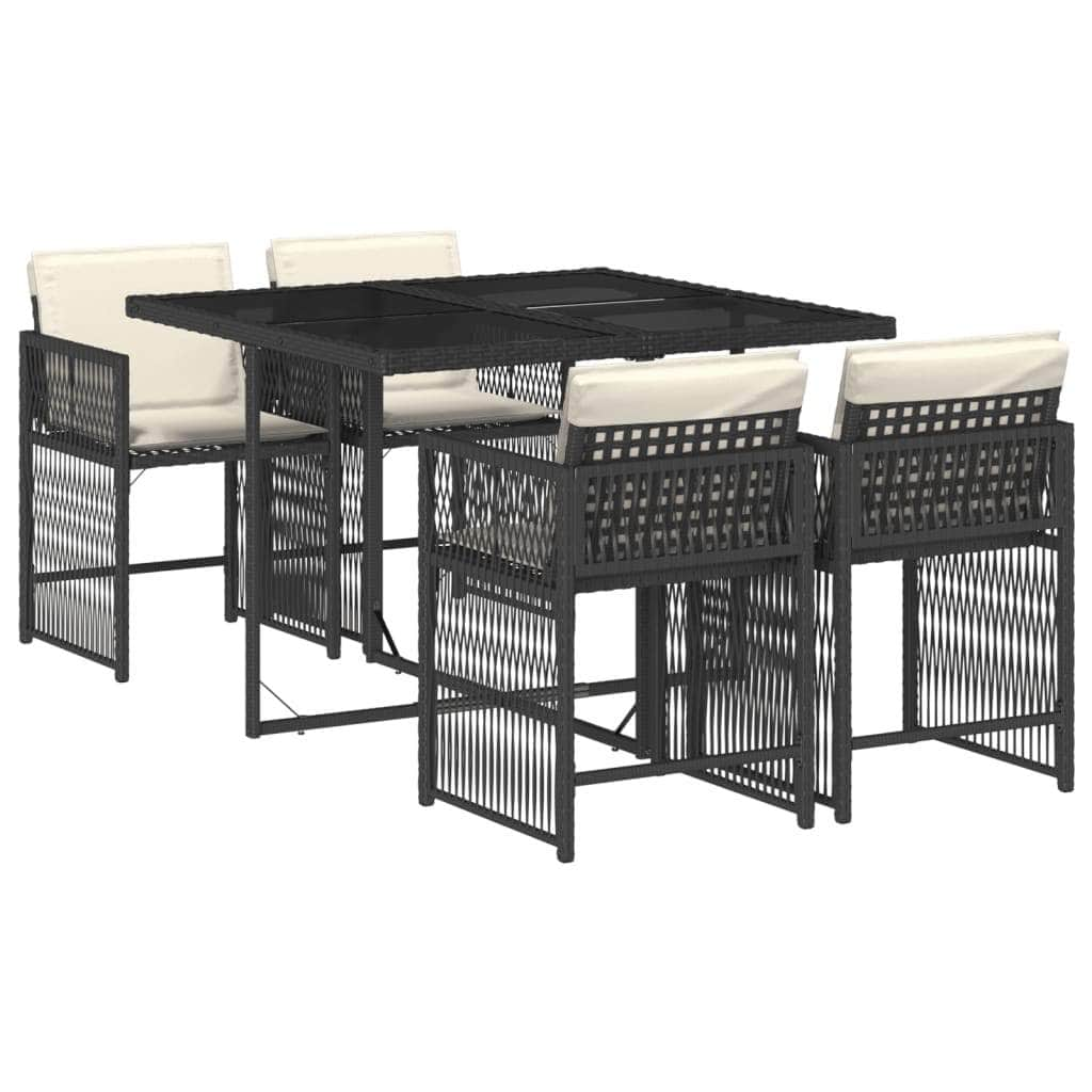 Raven Retreat: 5-Piece Garden Dining Set with Cushions in Black Poly Rattan