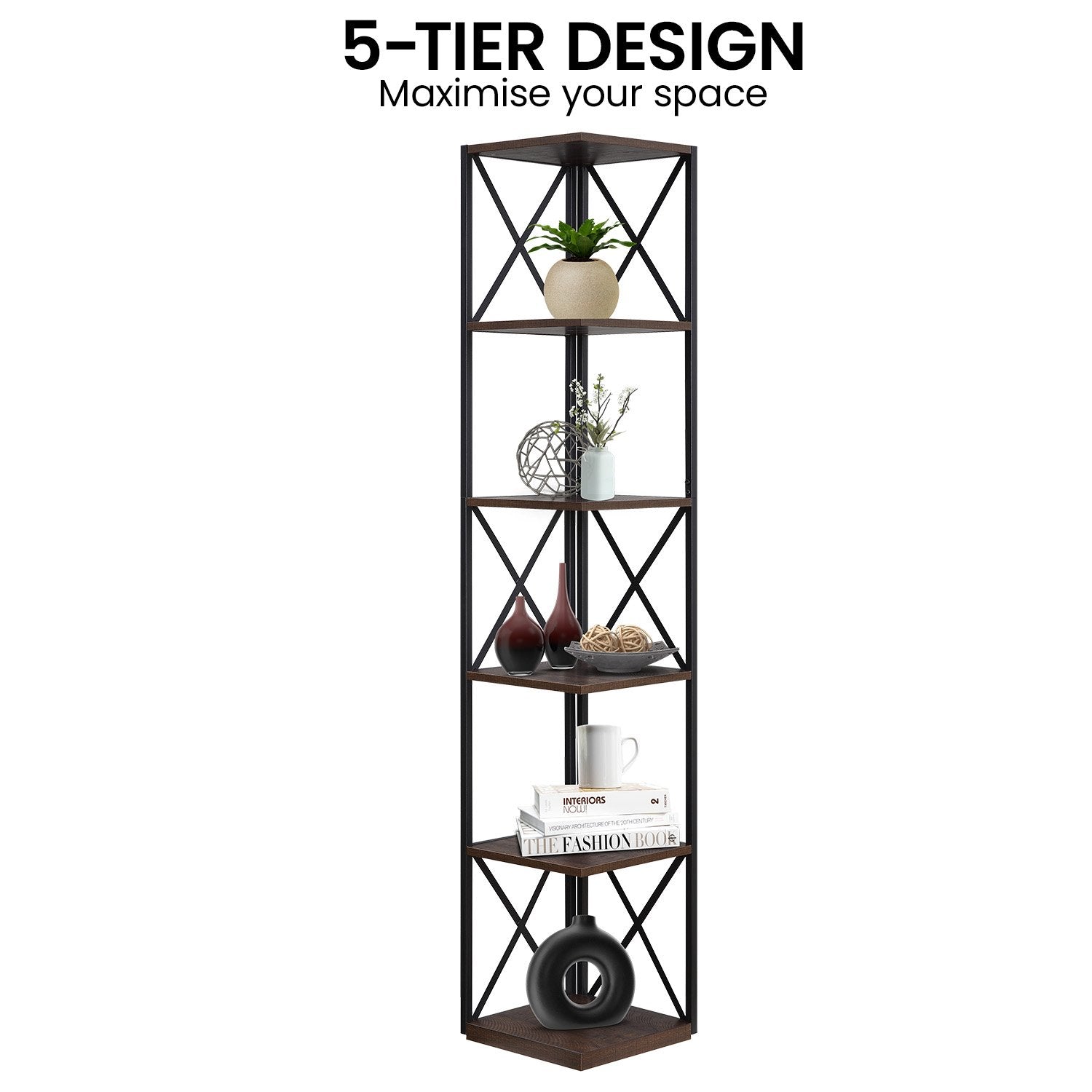 Nora 5-Tier Corner Bookshelf - Walnut/Black