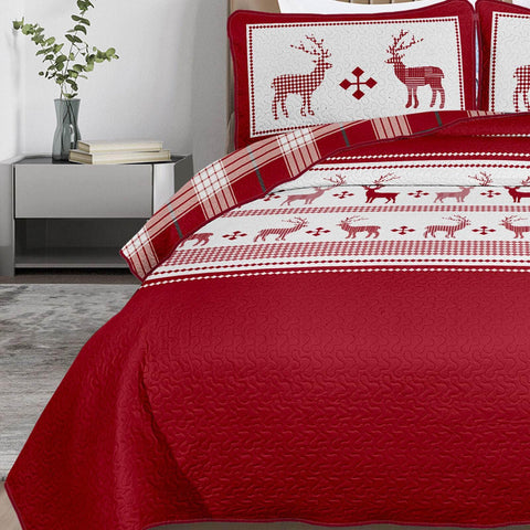 Red & white Reindeer Christmas Queen Bedspread Set