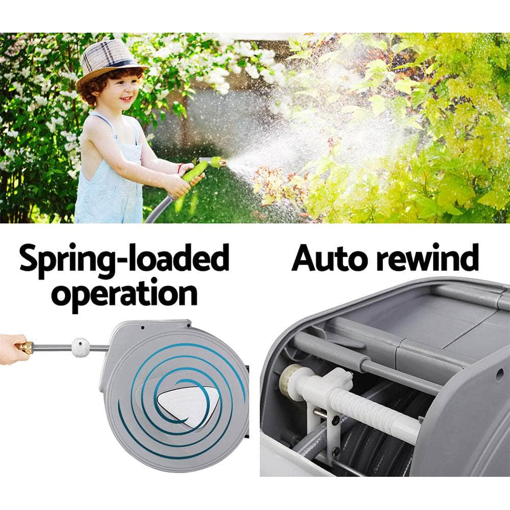 Retractable Water Hose Reel 20M Garden Storage Brass AutoRewind Spray Gun,8 Bar