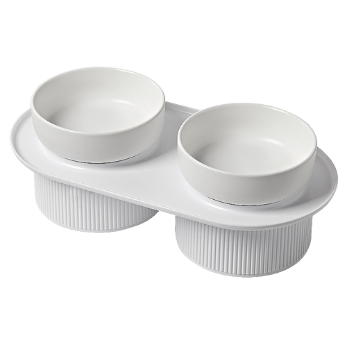 Ribbed Ceramic Double Pet Bowl 3Pc Set Emerald/Pink/White