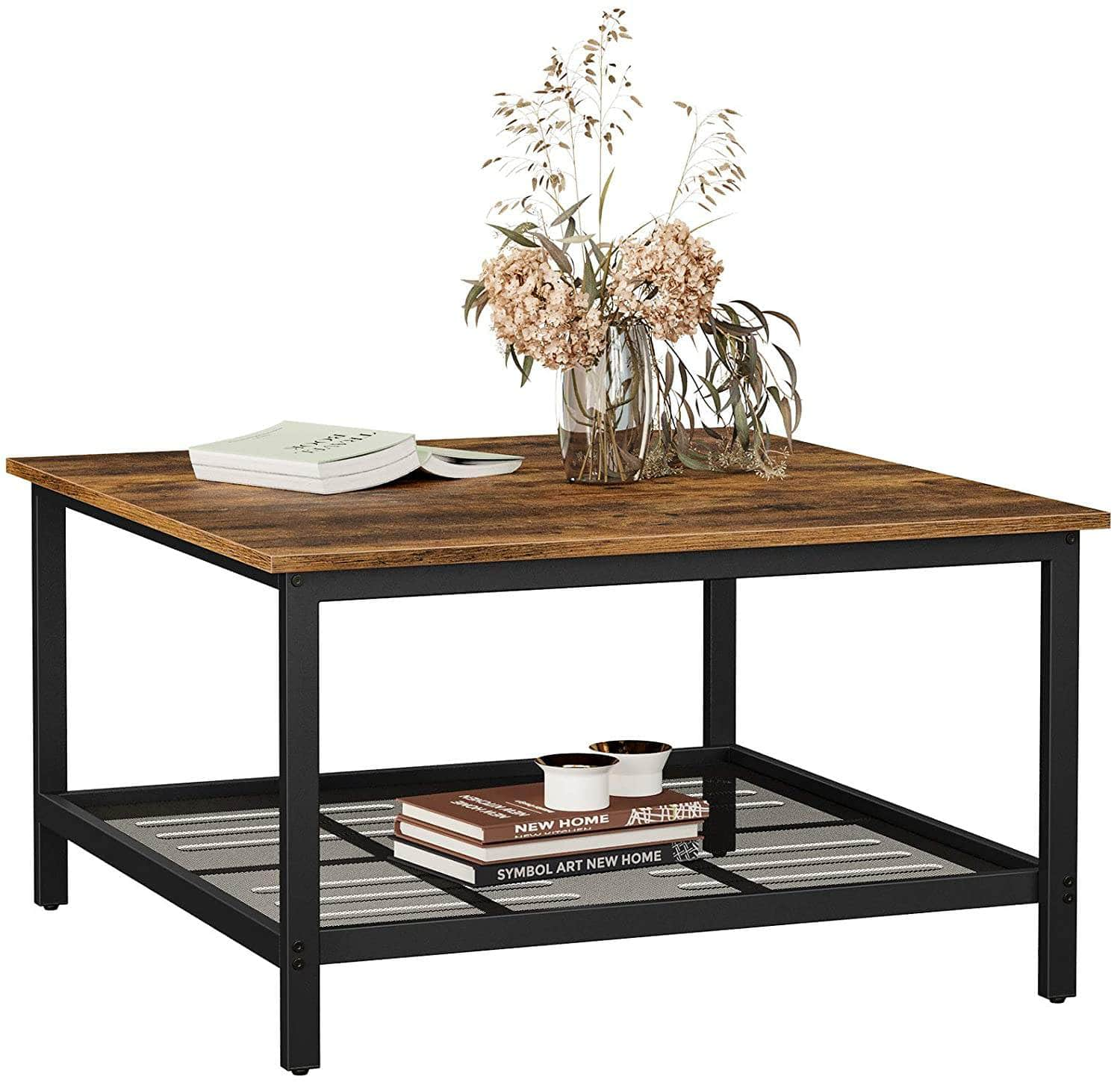 Robust Coffee Table Steel Frame And Mesh Storage Shelf,  Rustic Brown And Black