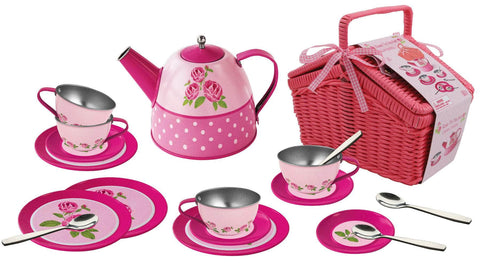 Rose Tin Tea Set In Picnic Basket 18Pcs