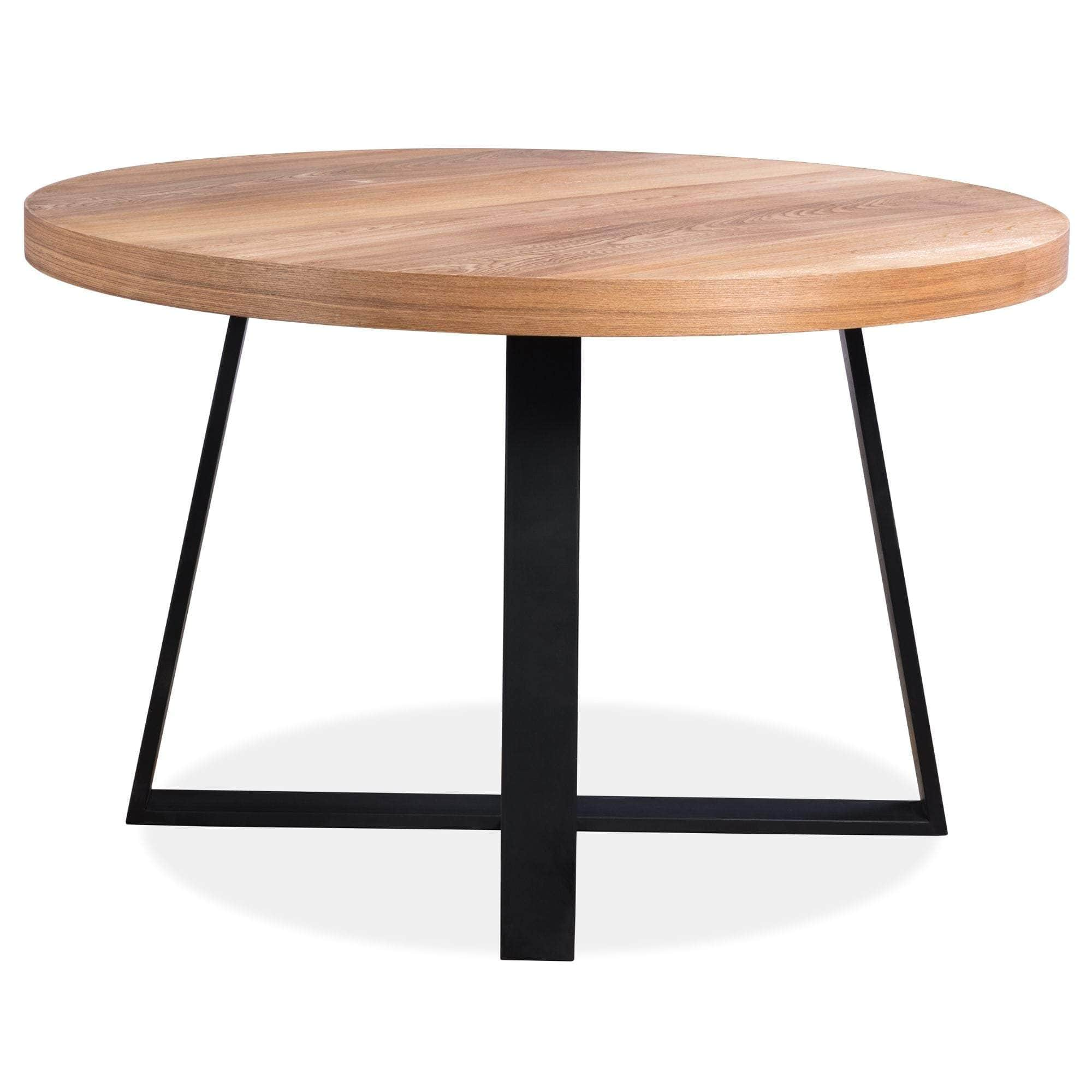 Round Dining Table 120Cm Elm Timber Wood Black Metal Leg - Natural