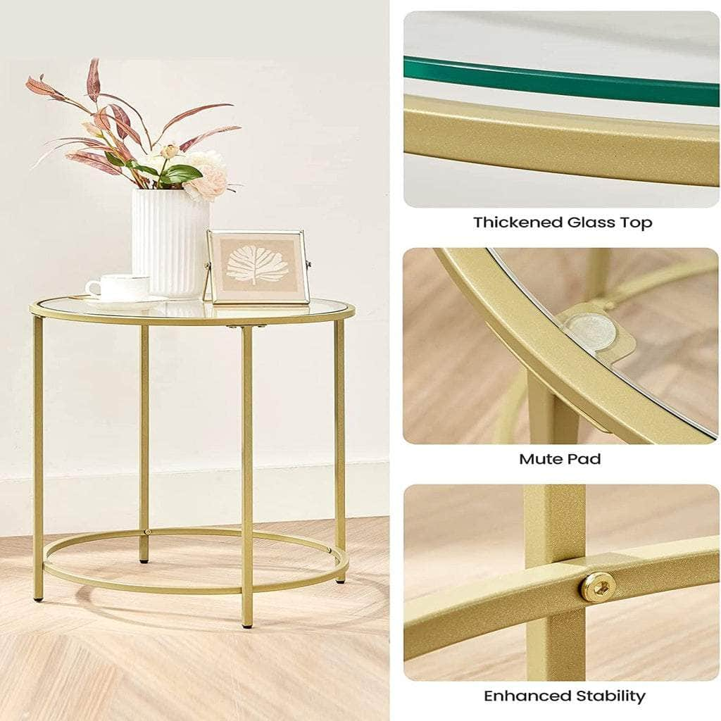 Round Side Tables Set Of 2 Tempered Glass With Steel Frame Gold