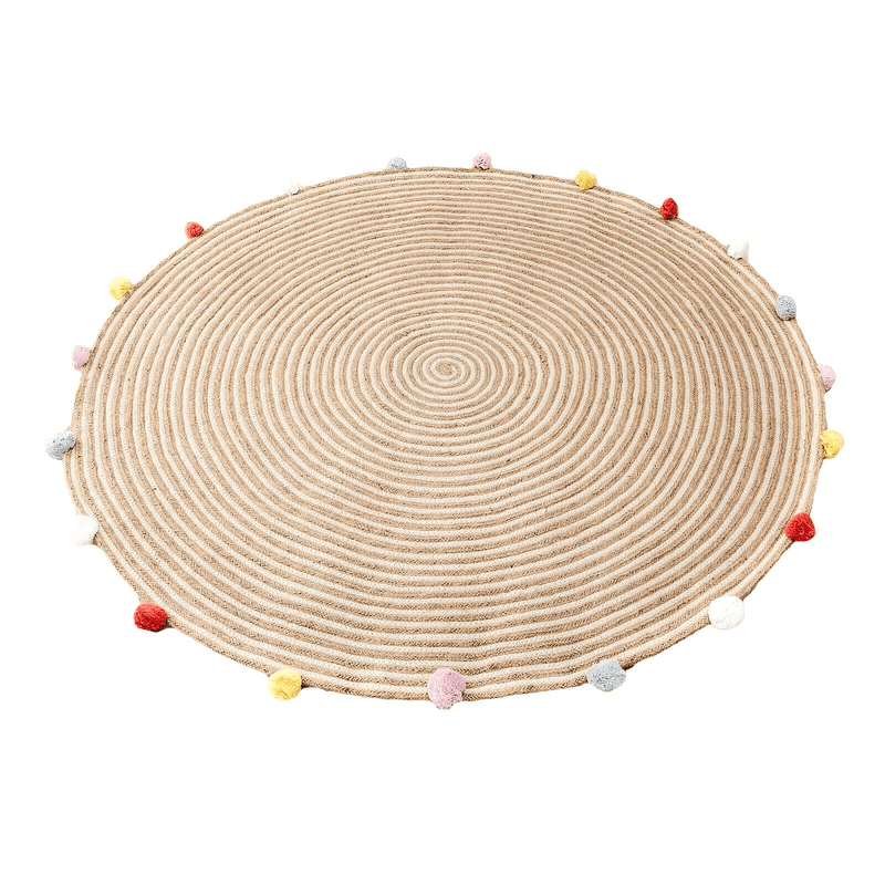 Round Woven Jute Cotton Multicolour Pompom Rug 120 Cm