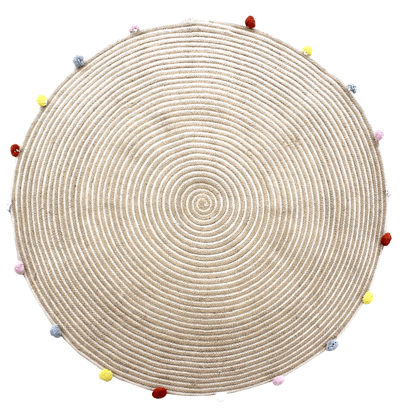 Round Woven Jute Cotton Multicolour Pompom Rug 120 Cm