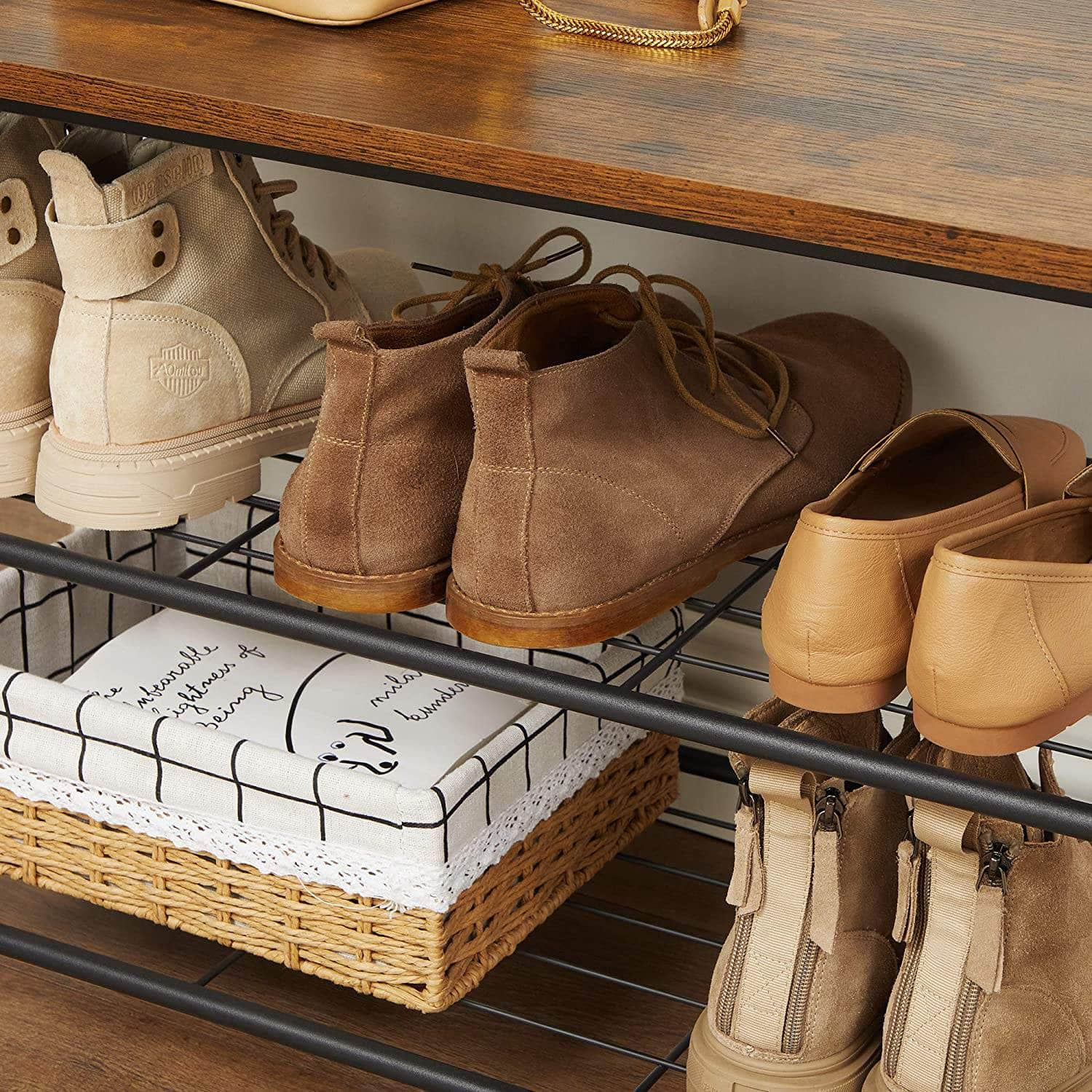 Rustic Brown Coat Rack With Shoe Rack, Bench, And Shelves, 175 Cm Height