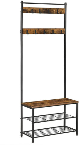 Rustic Brown Coat Rack With Shoe Rack, Bench, And Shelves, 175 Cm Height