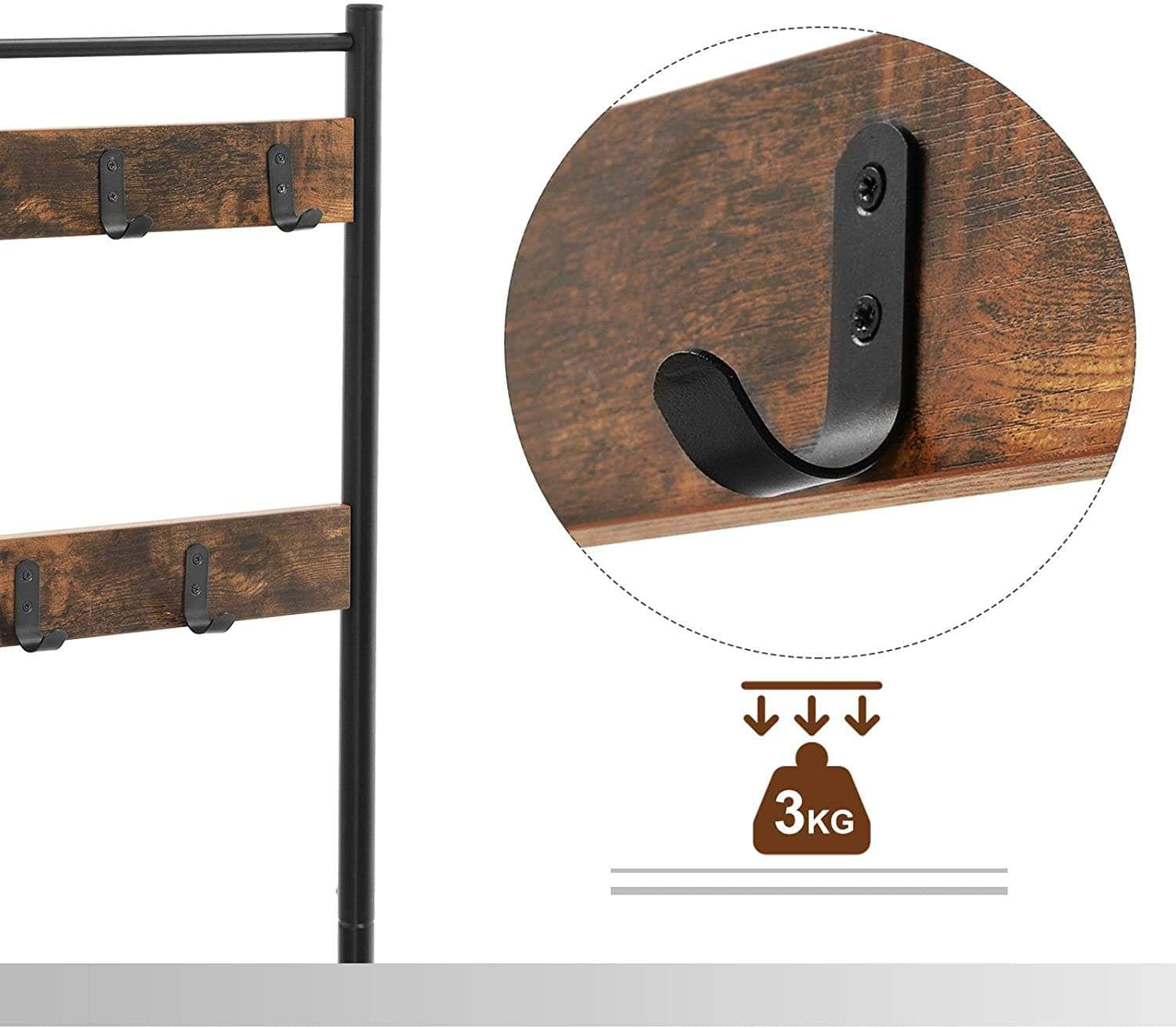 Rustic Brown Coat Rack With Shoe Rack, Bench, And Shelves, 175 Cm Height