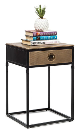 Rustic-Contemporary Black Bedside Table with Storage Drawer and Gold Textured Top