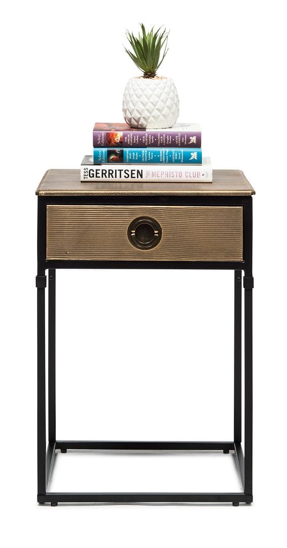 Rustic-Contemporary Black Bedside Table with Storage Drawer and Gold Textured Top