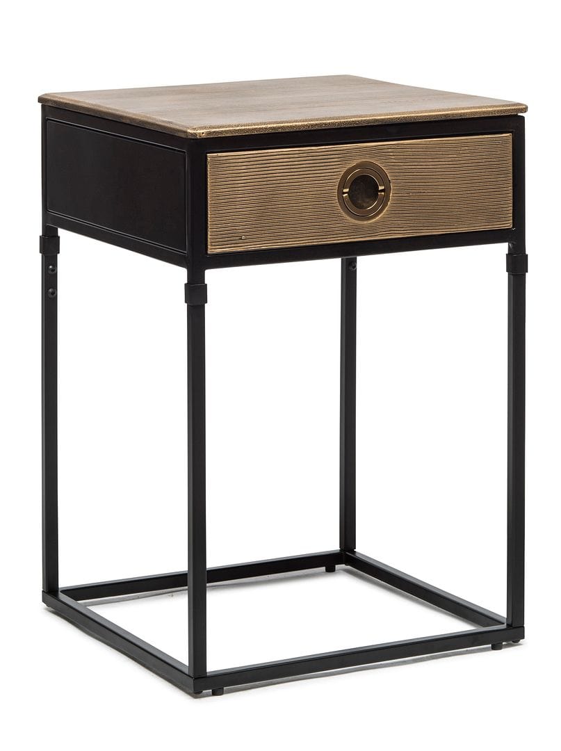 Rustic-Contemporary Black Bedside Table with Storage Drawer and Gold Textured Top