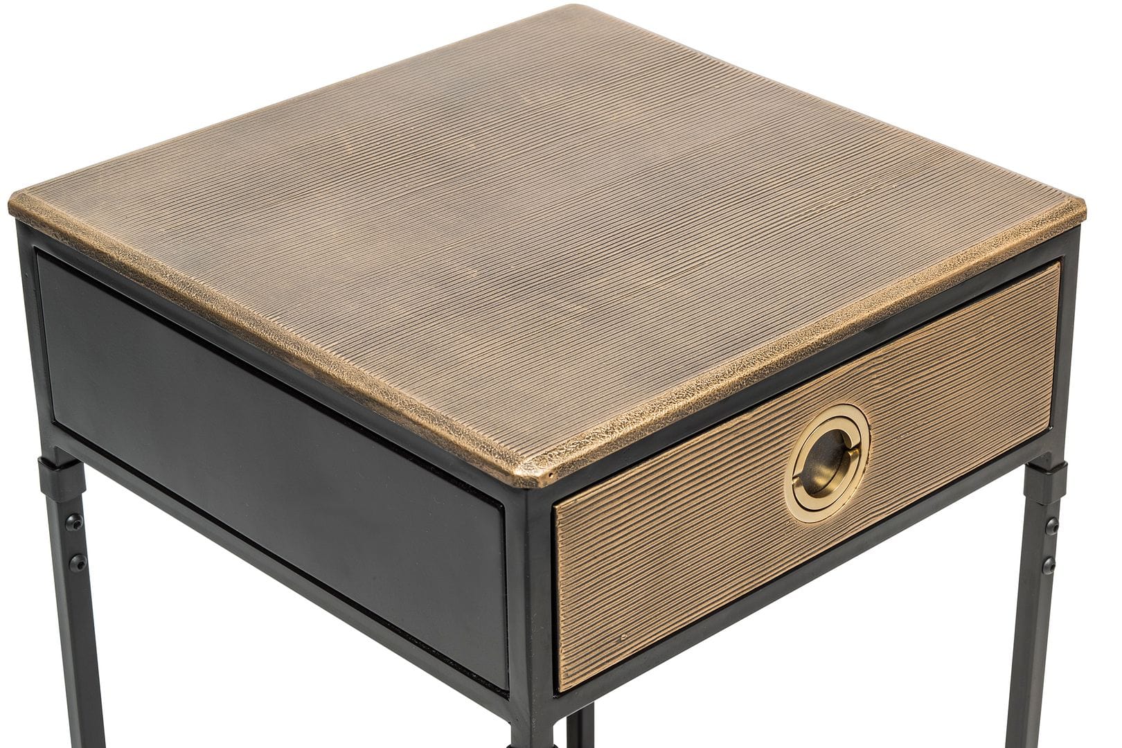 Rustic-Contemporary Black Bedside Table with Storage Drawer and Gold Textured Top