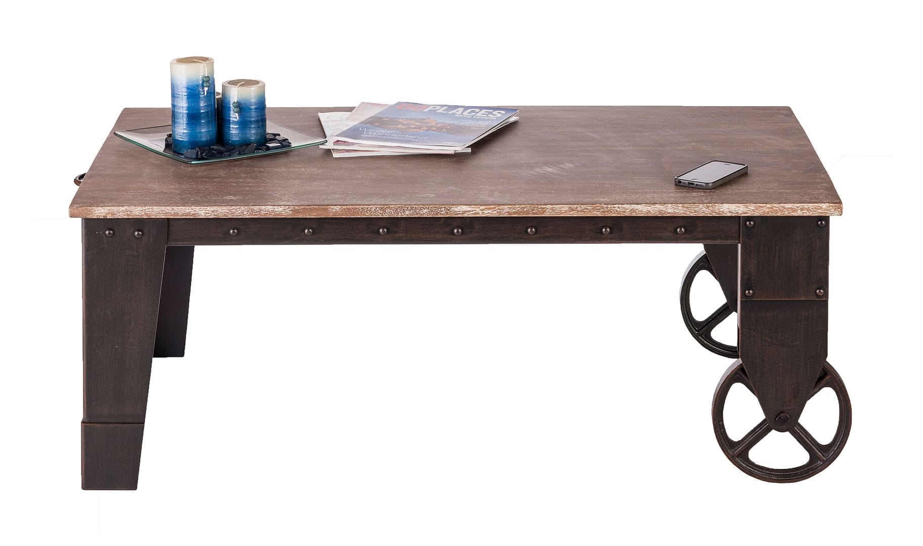 Rustic Industrial Wood Coffee Table with Wheels for Modern Living Spaces