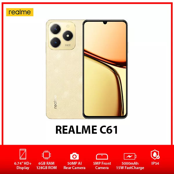 New Realme C61 Global Version Dual SIM Unlocked 6GB 128GB Android Gold