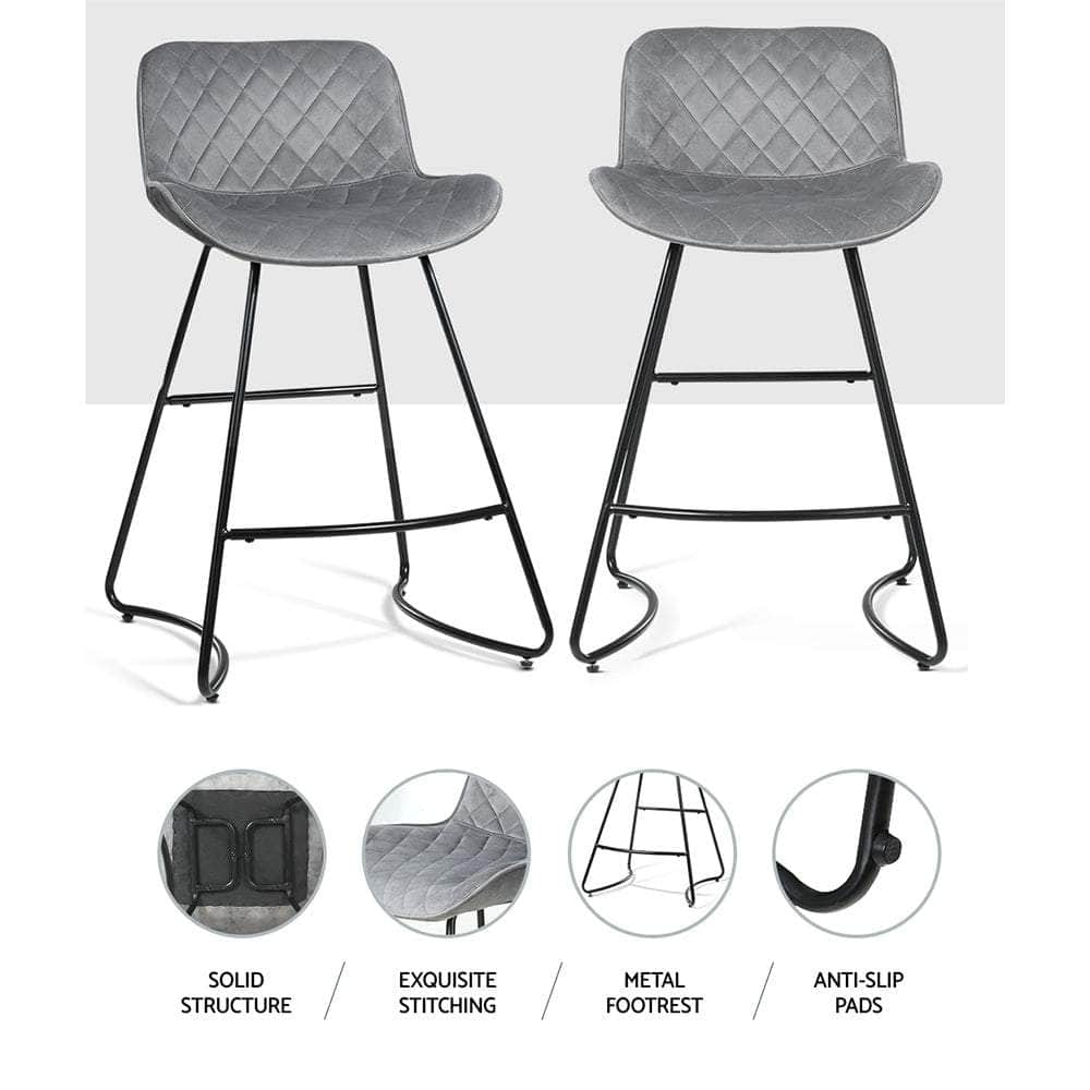 Set Of 2 Bar Stools Kitchen Stool Chairs Chair Velvet Barstool Barstools Grey