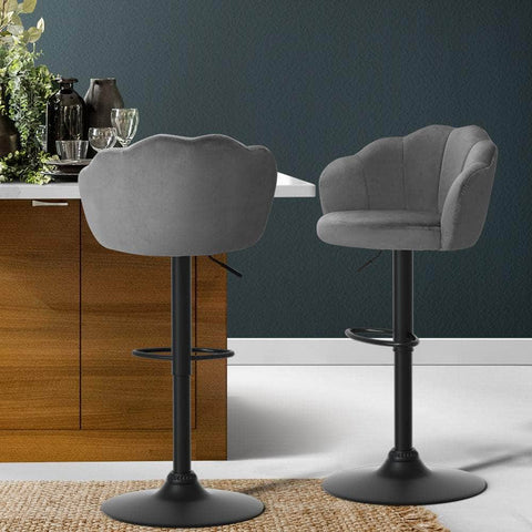 Set of 2 Bar Stools Kitchen Stool Swivel Chair Gas Lift Velvet Chairs Grey Nessah