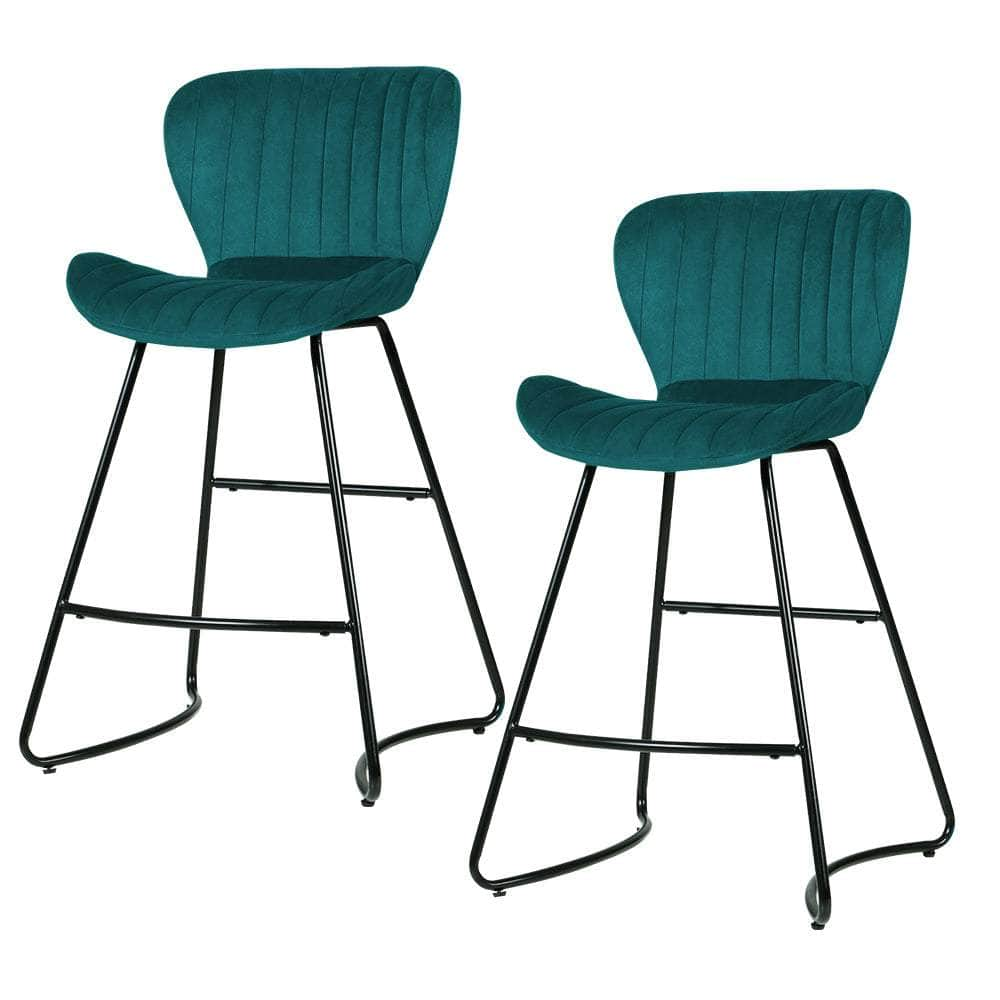 Set Of 2 Bar Stools Kitchen Stool Velvet Dining Chairs Peacock Blue Barstool Chair