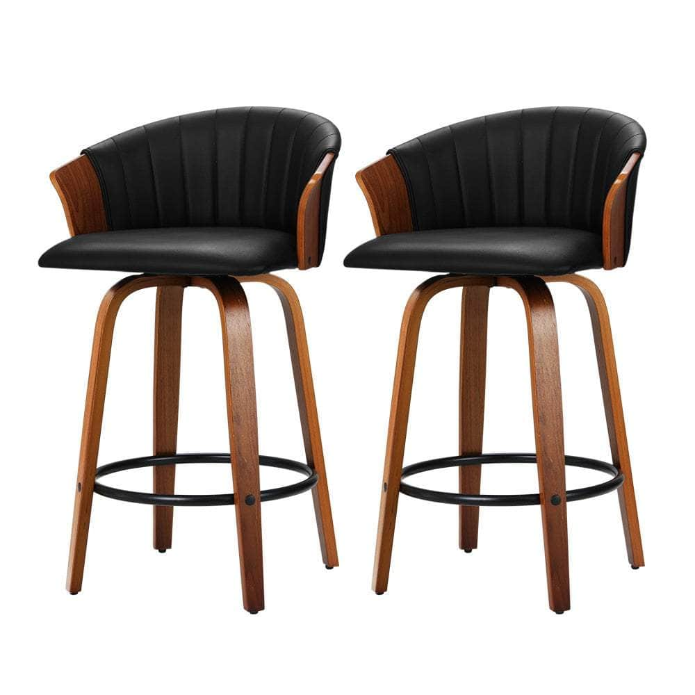 Set Of 2 Bar Stools Kitchen Stool Wooden Chair Swivel Chairs Leather Black