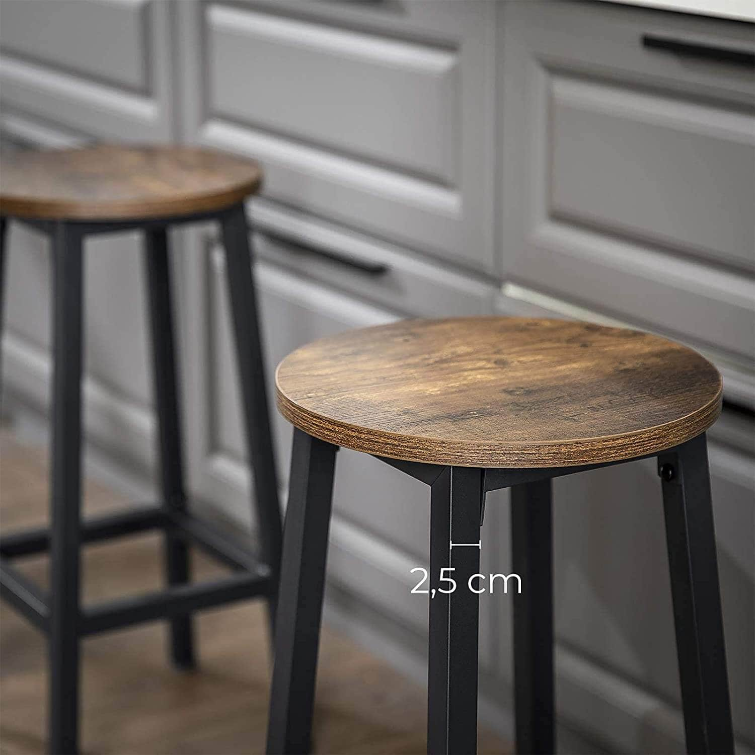 Set Of 2 Bar Stools With Sturdy Steel Frame Rustic Brown And Black