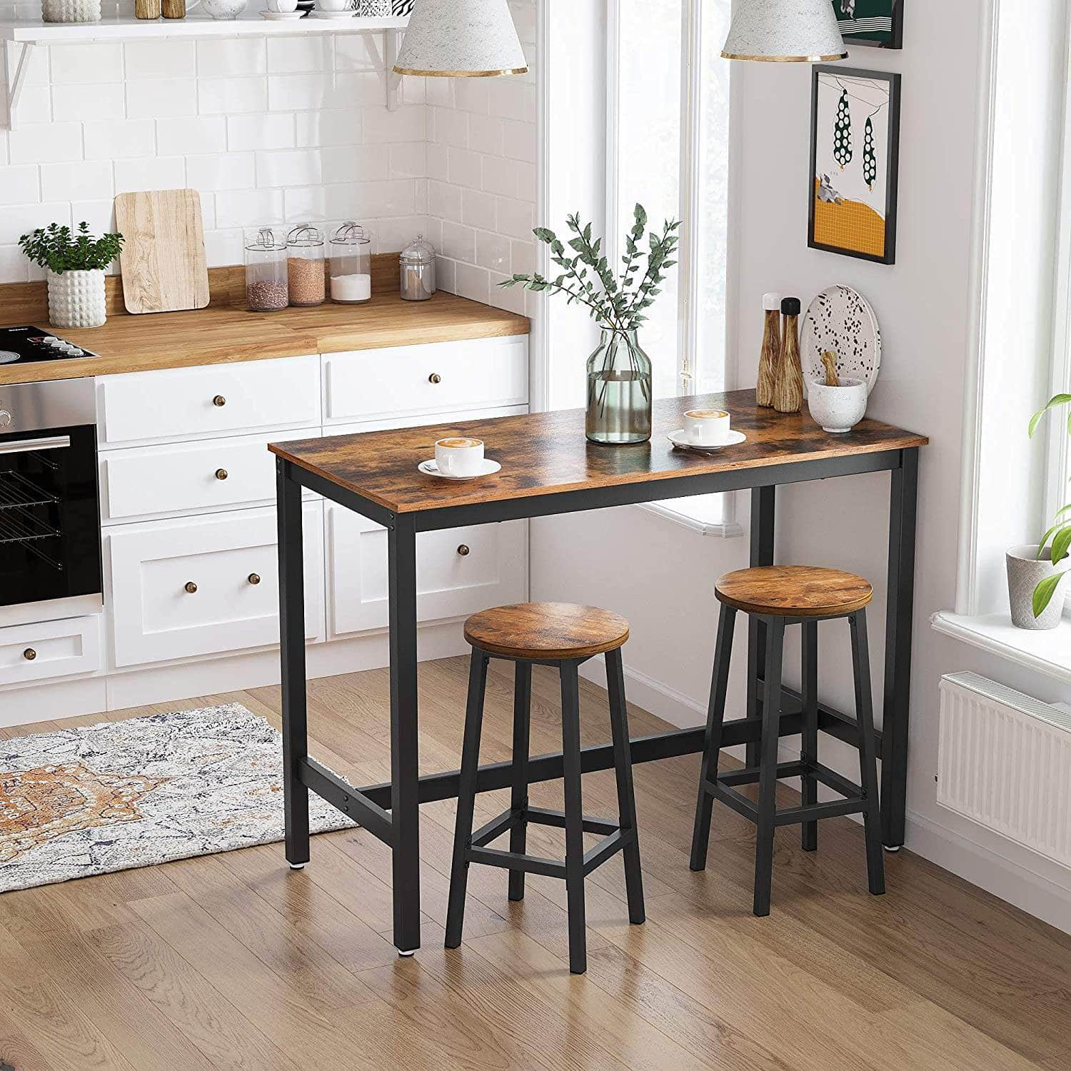 Set Of 2 Bar Stools With Sturdy Steel Frame Rustic Brown And Black