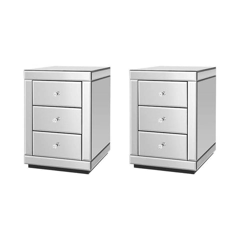 Set Of 2 Bedside Table 3 Drawers Mirrored Glass - Presia Silver