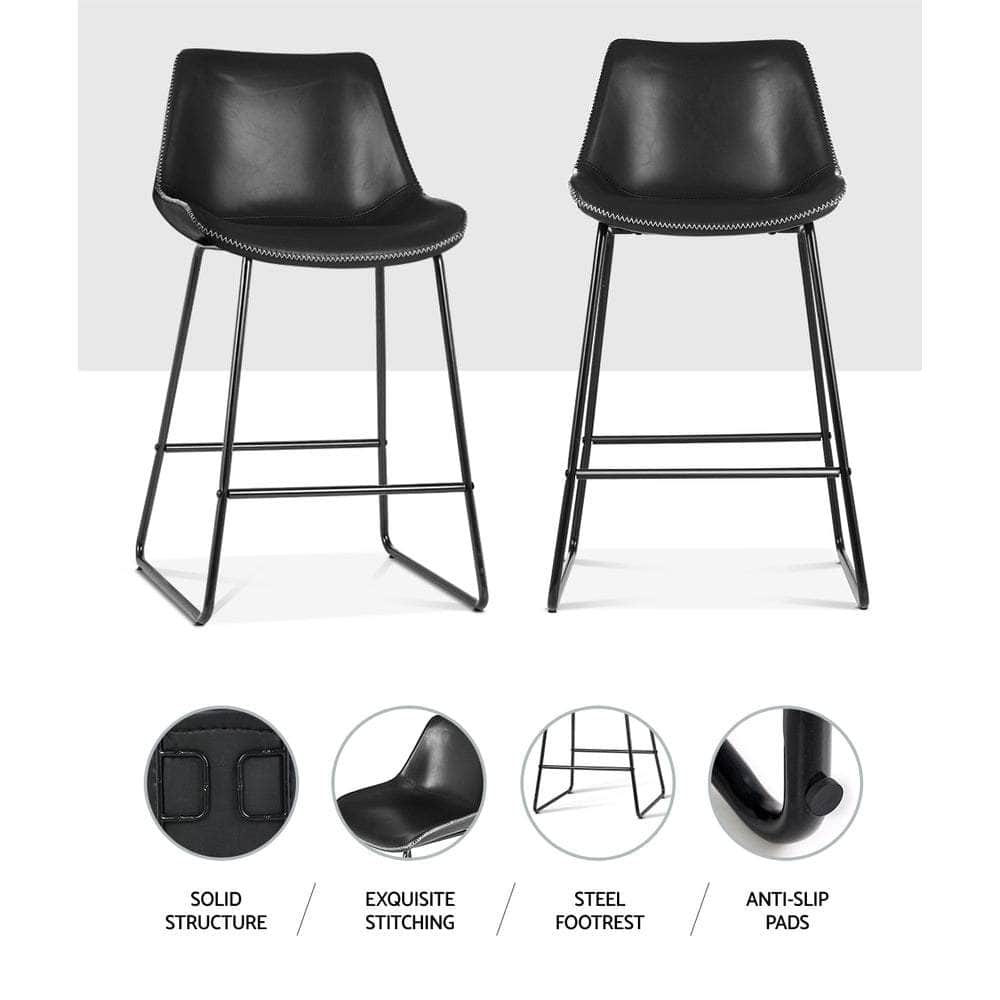 Set of 2 Metal Bar Stool Dining Chairs PU Leather Black