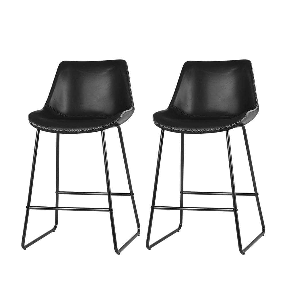 Set of 2 Metal Bar Stool Dining Chairs PU Leather Black