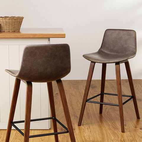 Set of 2 PU Leather Bar Stools - Walnut