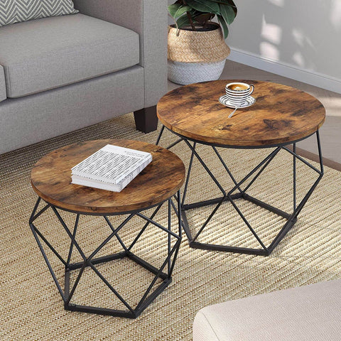 Set Of 2 Side Tables Robust Steel Frame Rustic Brown And Black