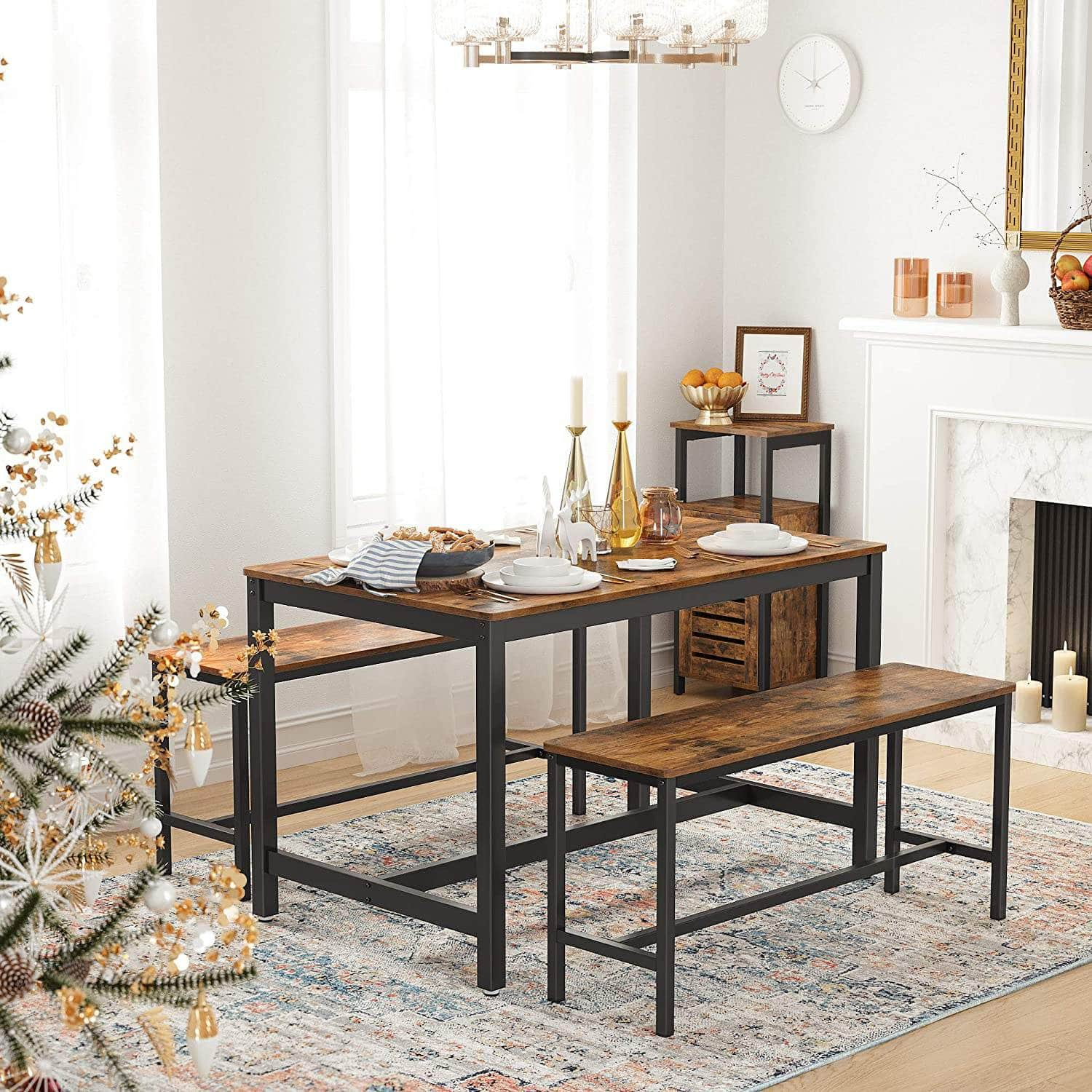 Set Of 2 Table Benches Industrial Style Durable Metal Frame Rustic Brown