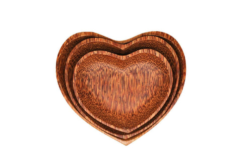 Set Of 3 Coconut Wood Heart Shape Plates Natural