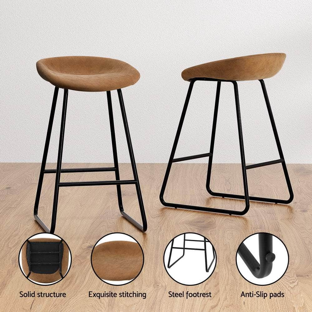 Set of 4 Bar Stools - Brown PU Leather Seats