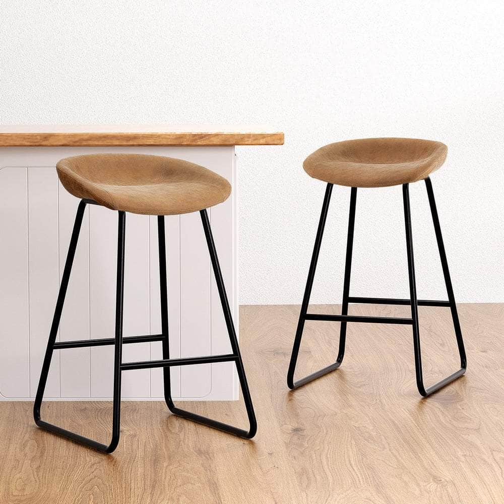 Set of 4 Bar Stools - Brown PU Leather Seats