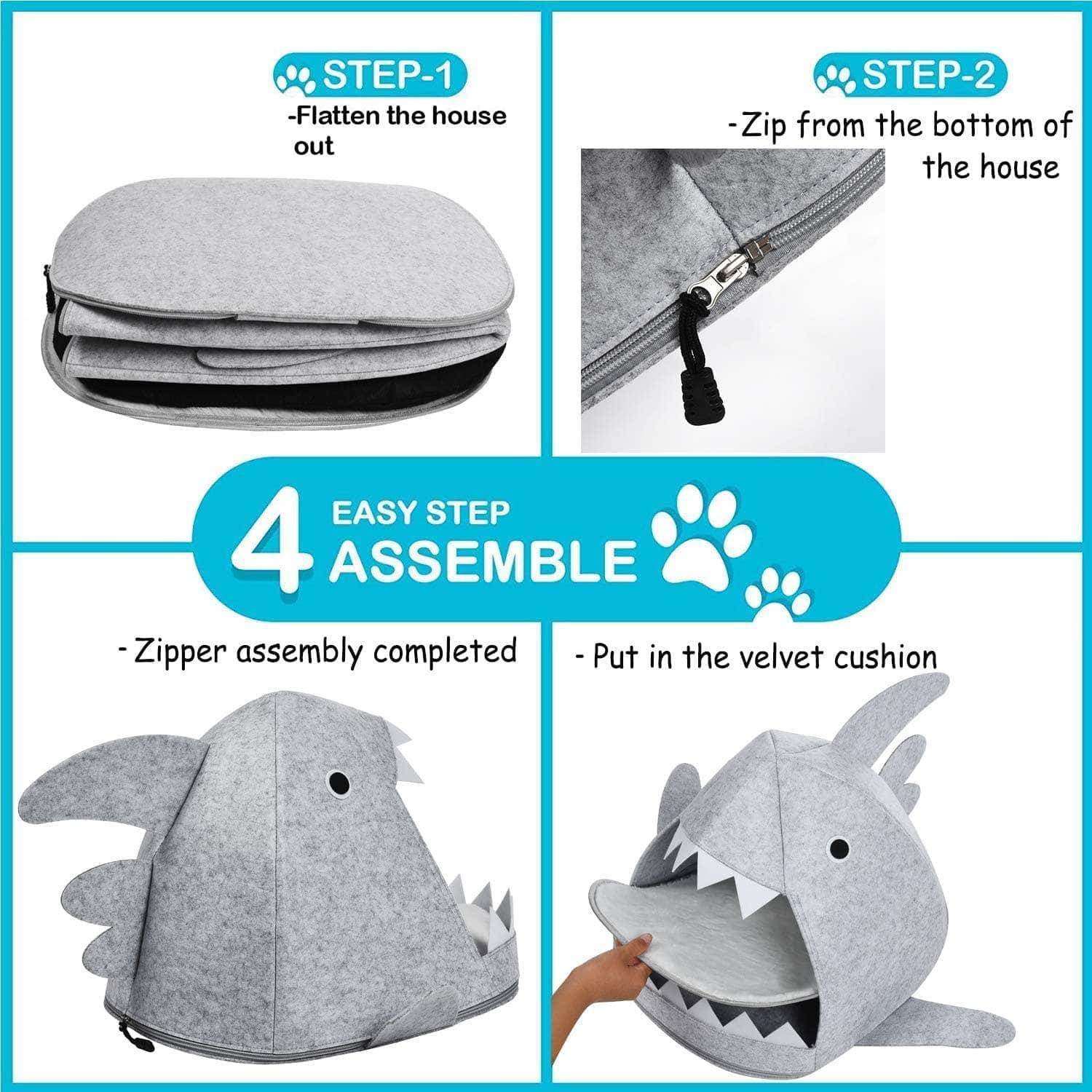 Shark Shape Pet Cave Bed For Cats Andsmall Dogs(Light Grey)