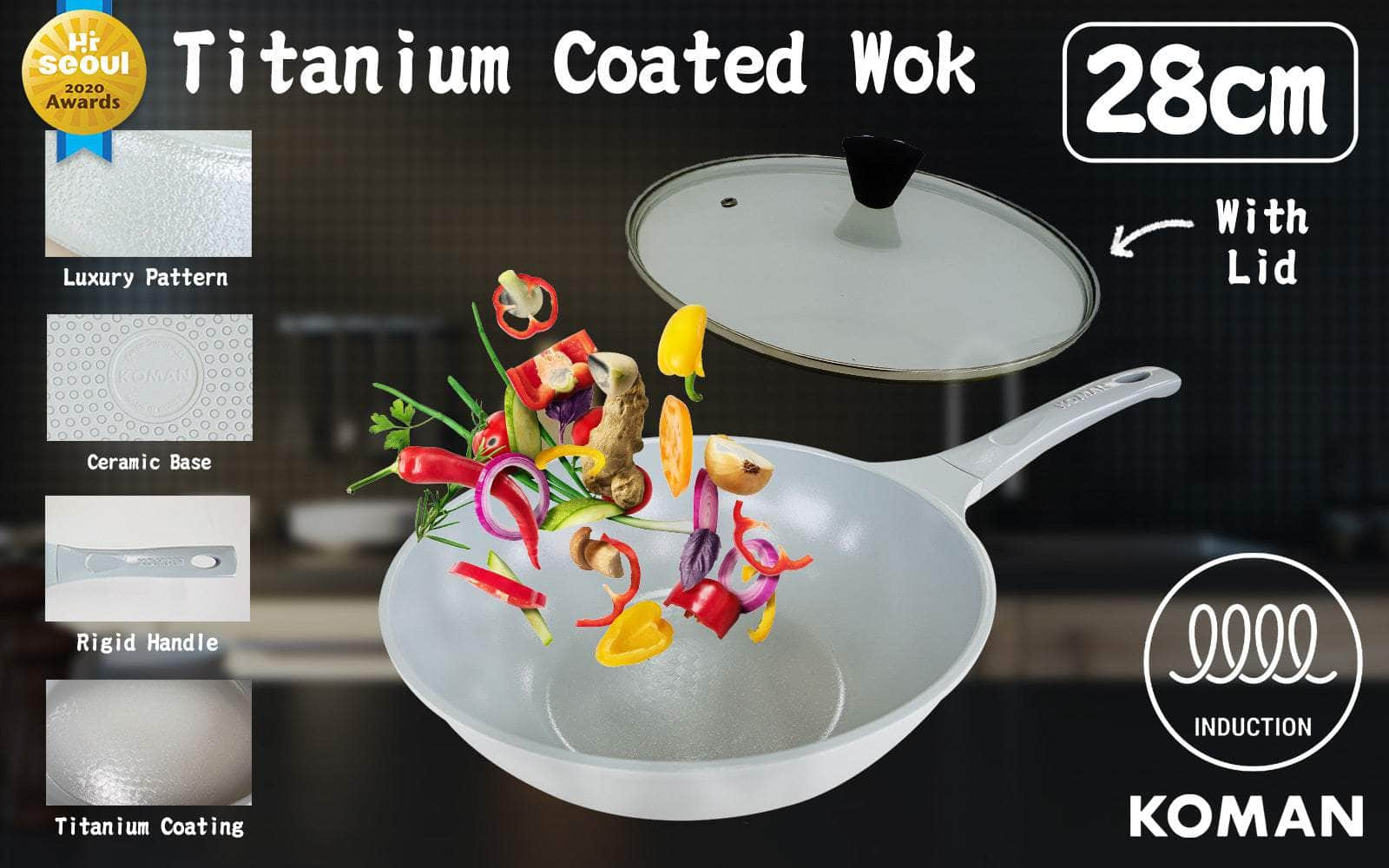 Shinewon Vinch IH Wok Wokpan 28cm Non-stick Induction Ceramic + Glass Lid GREY