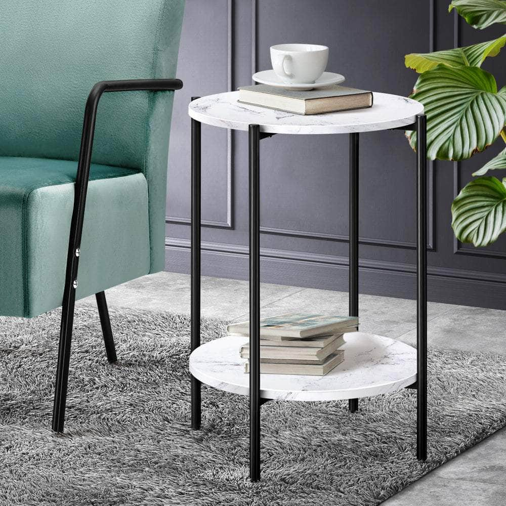 Side End Table Coffee Sofa Bedside Nightstand Round Dual-Tier Marble