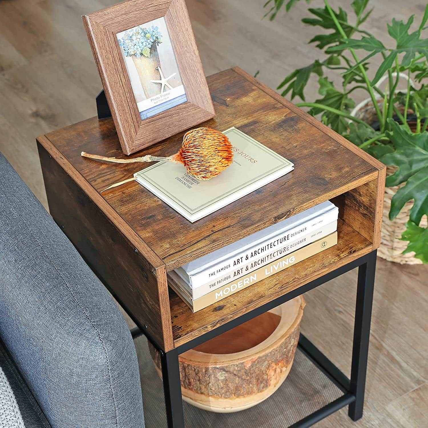 Side Table With Open Compartment And Mesh Shelf Rustic Brown And Black