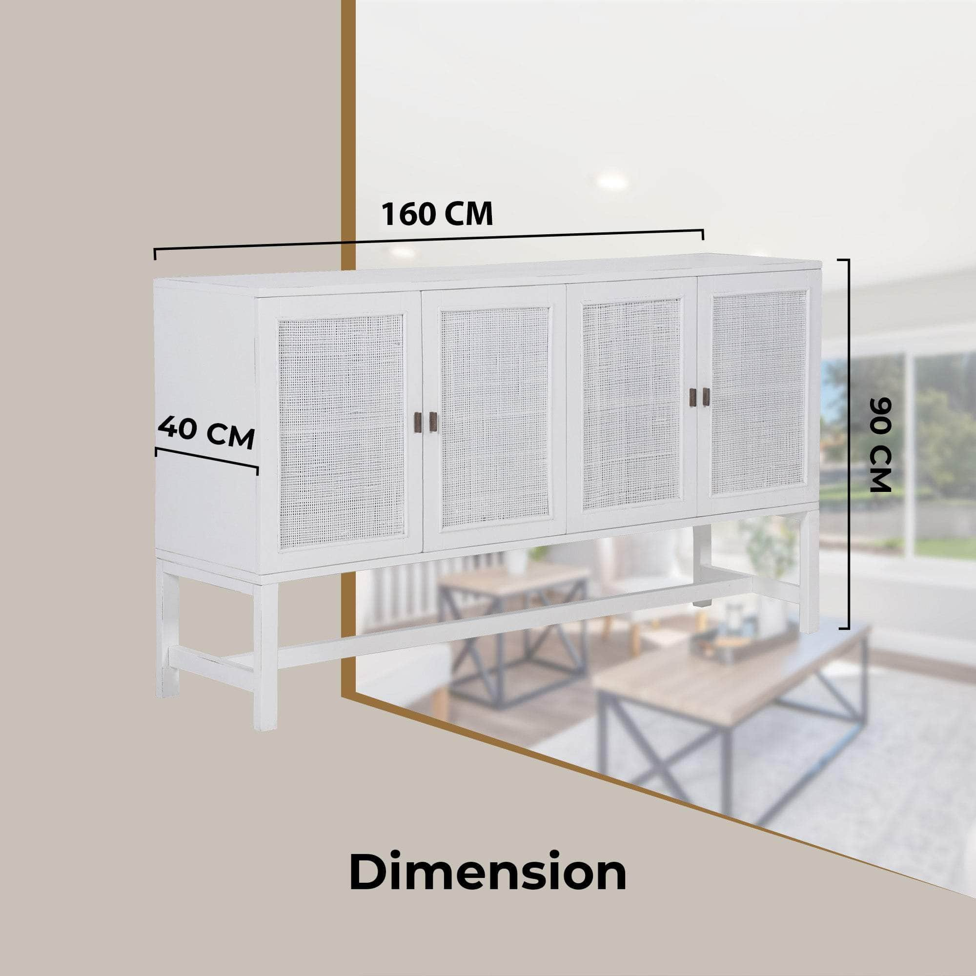 Sideboard Buffet Table 160Cm 4 Door Mindi Wood Rattan - White