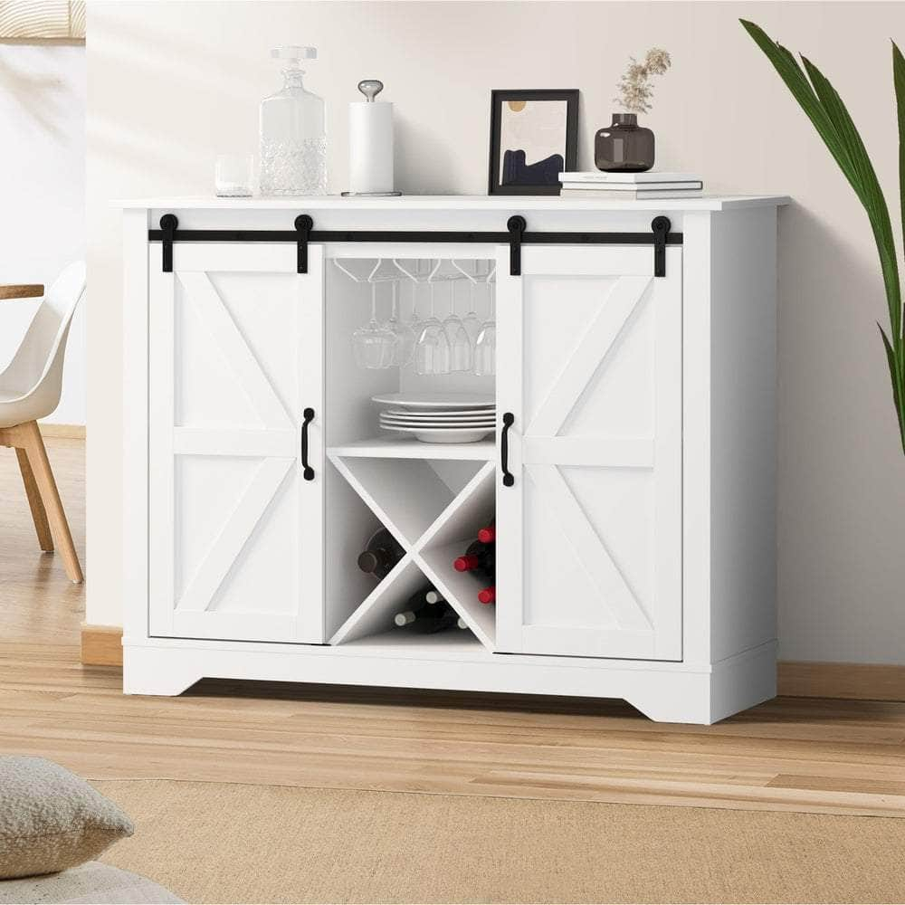 Sideboard Buffet Wine Rack Sliding Door 5 Shelves White