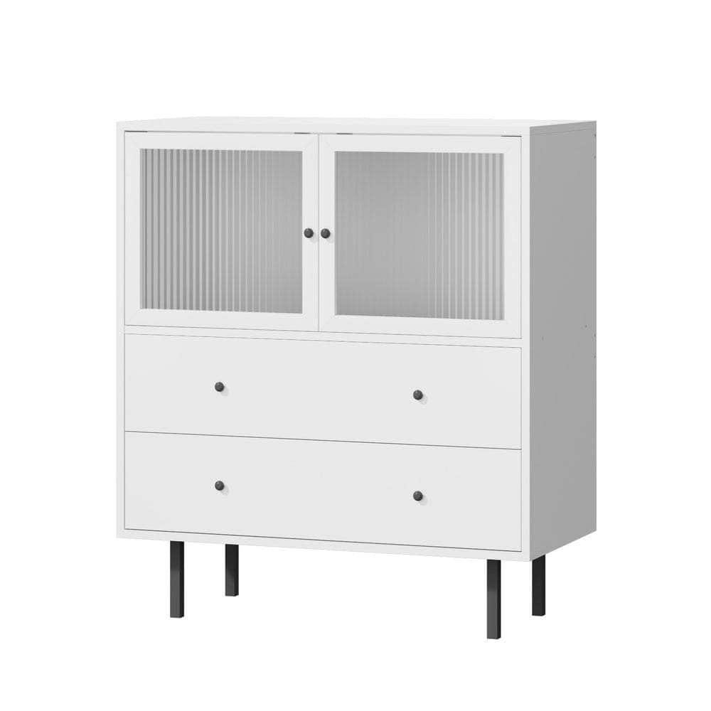 Sideboard Tempered Glass Door 2 Drawers White