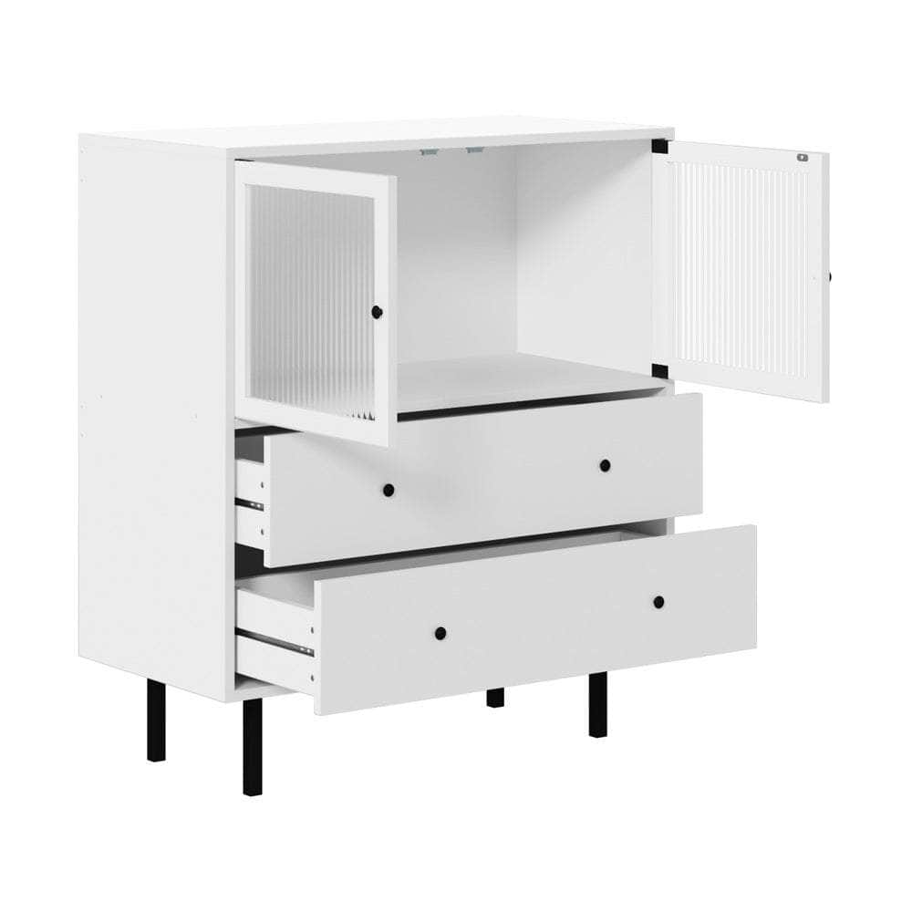 Sideboard Tempered Glass Door 2 Drawers White