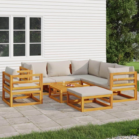 Silvery Serenity Octavo: 8-Piece Solid Wood Garden Lounge with Light Grey Cushions