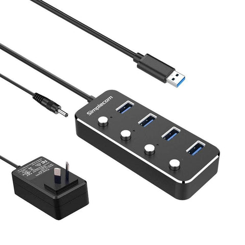 Simplecom Aluminium 4-Port Usb 3.0 Hub With Individual Switches And Power Adapter