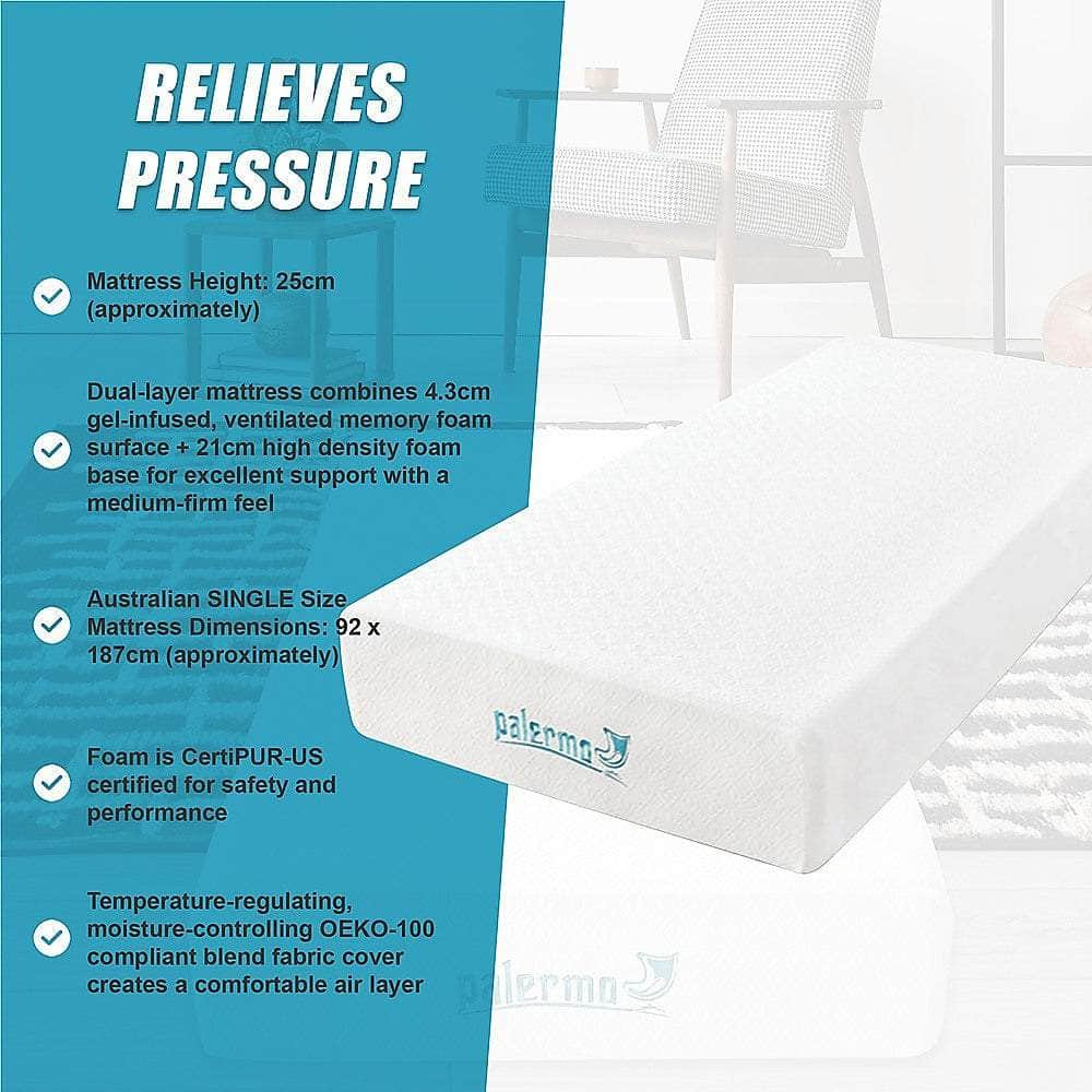 Single 25Cm Gel Memory Foam Mattress - Dual-Layered