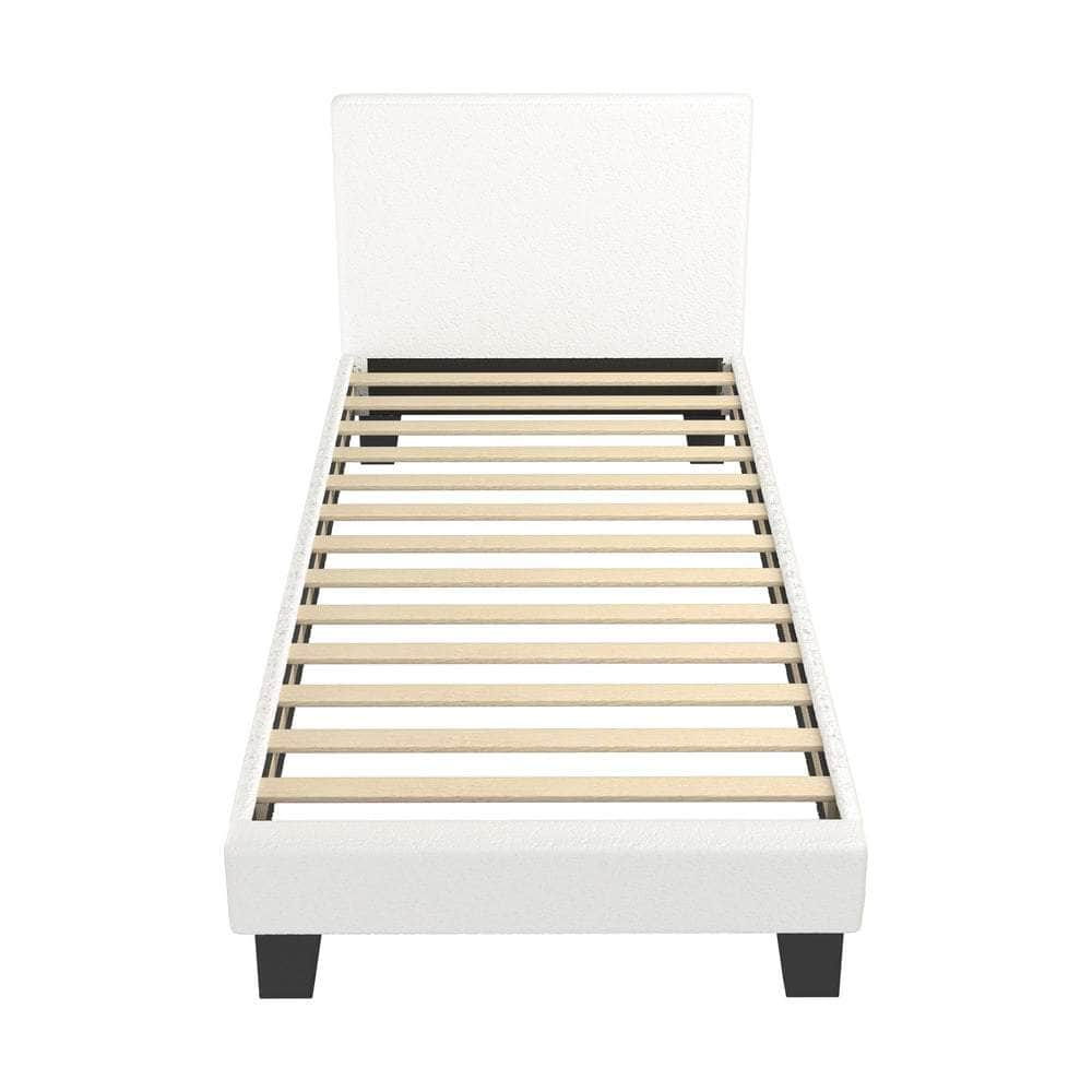 Single Bed Frame with Wooden Slats and Boucle Fabric Bed Base Mattress Platfrom White